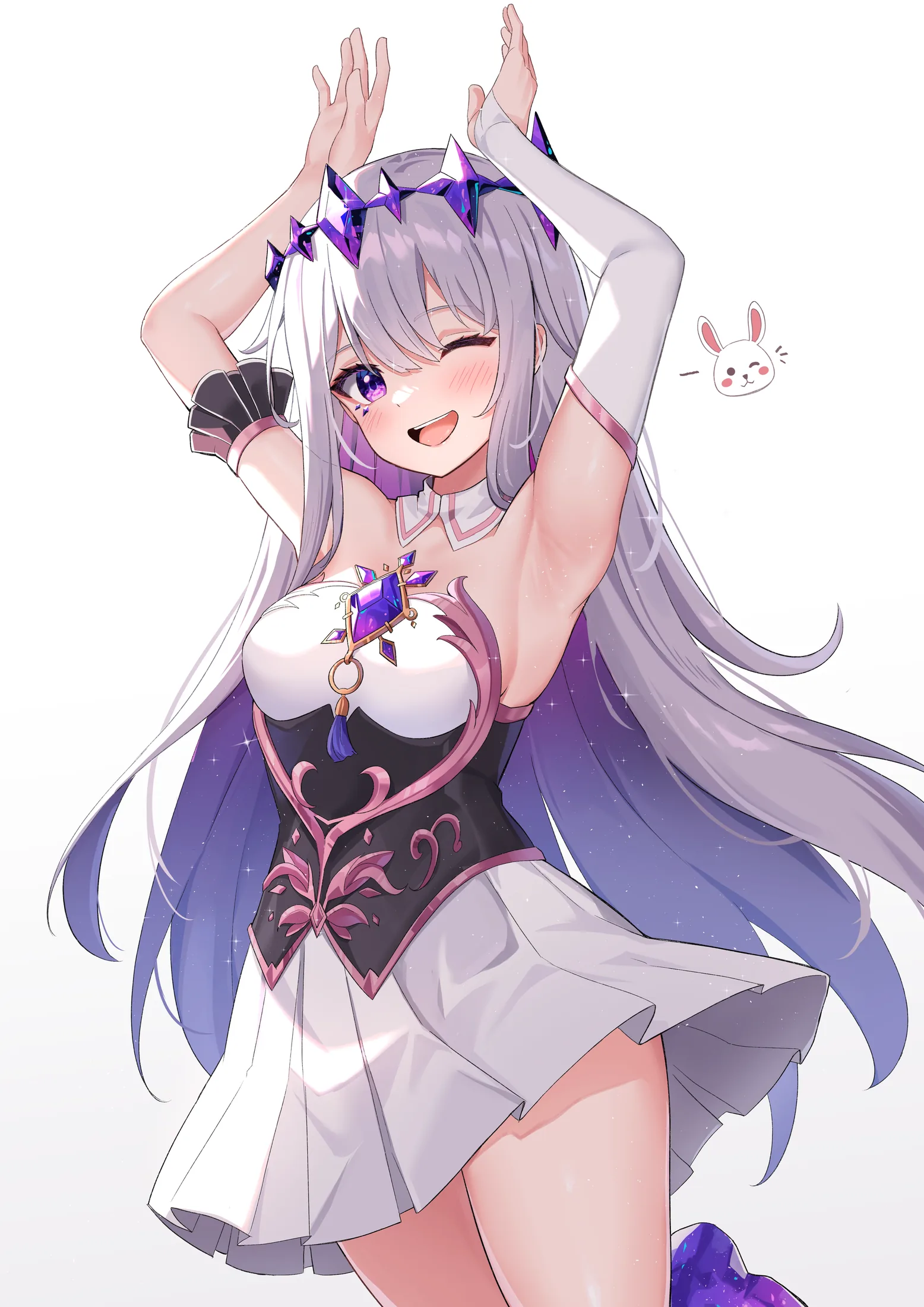 Koseki Bijou stretching with her arms raised, a small purple crystal charm beside her