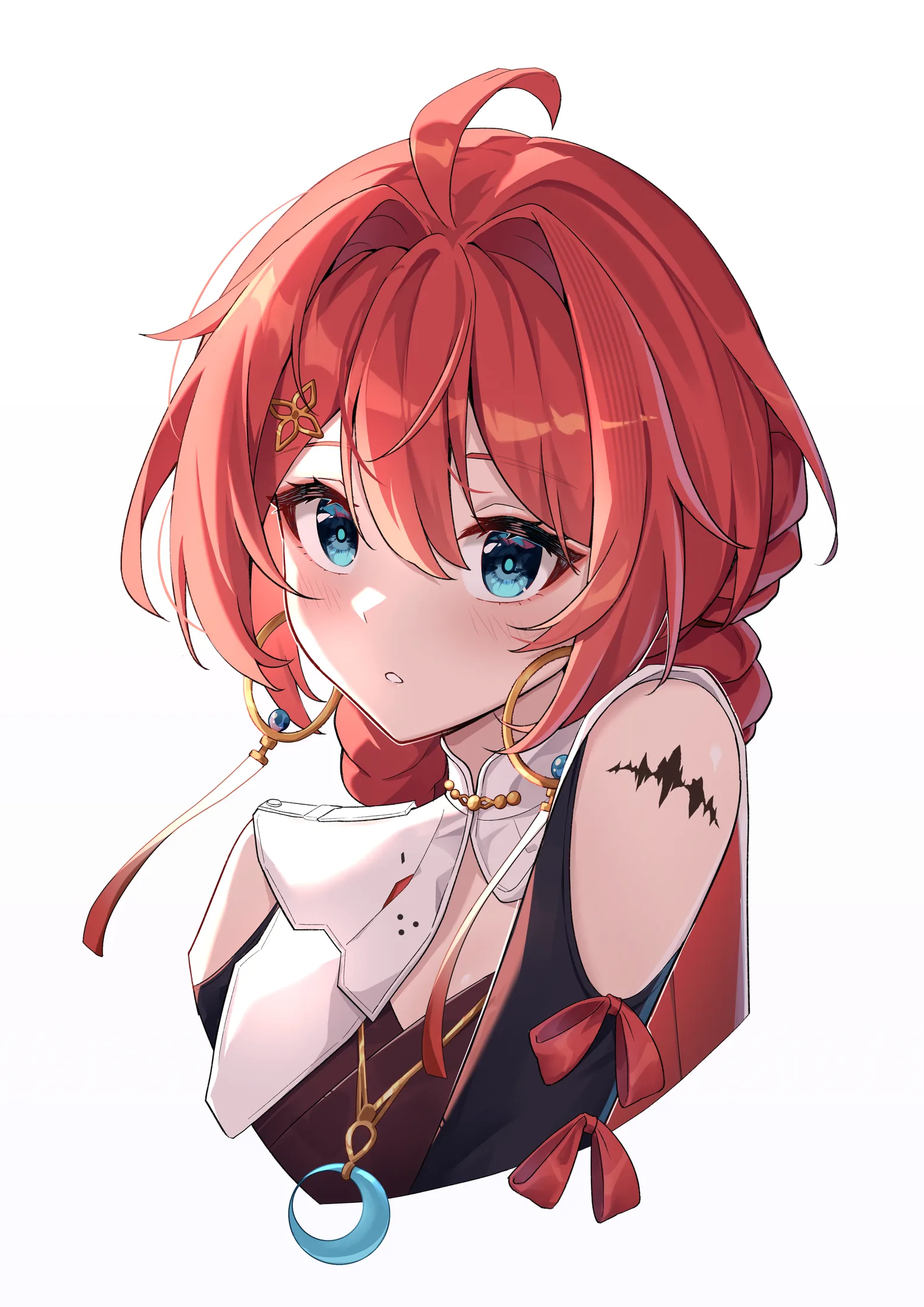Portrait of Danjin with short red hair, a crescent charm hanging from her ear