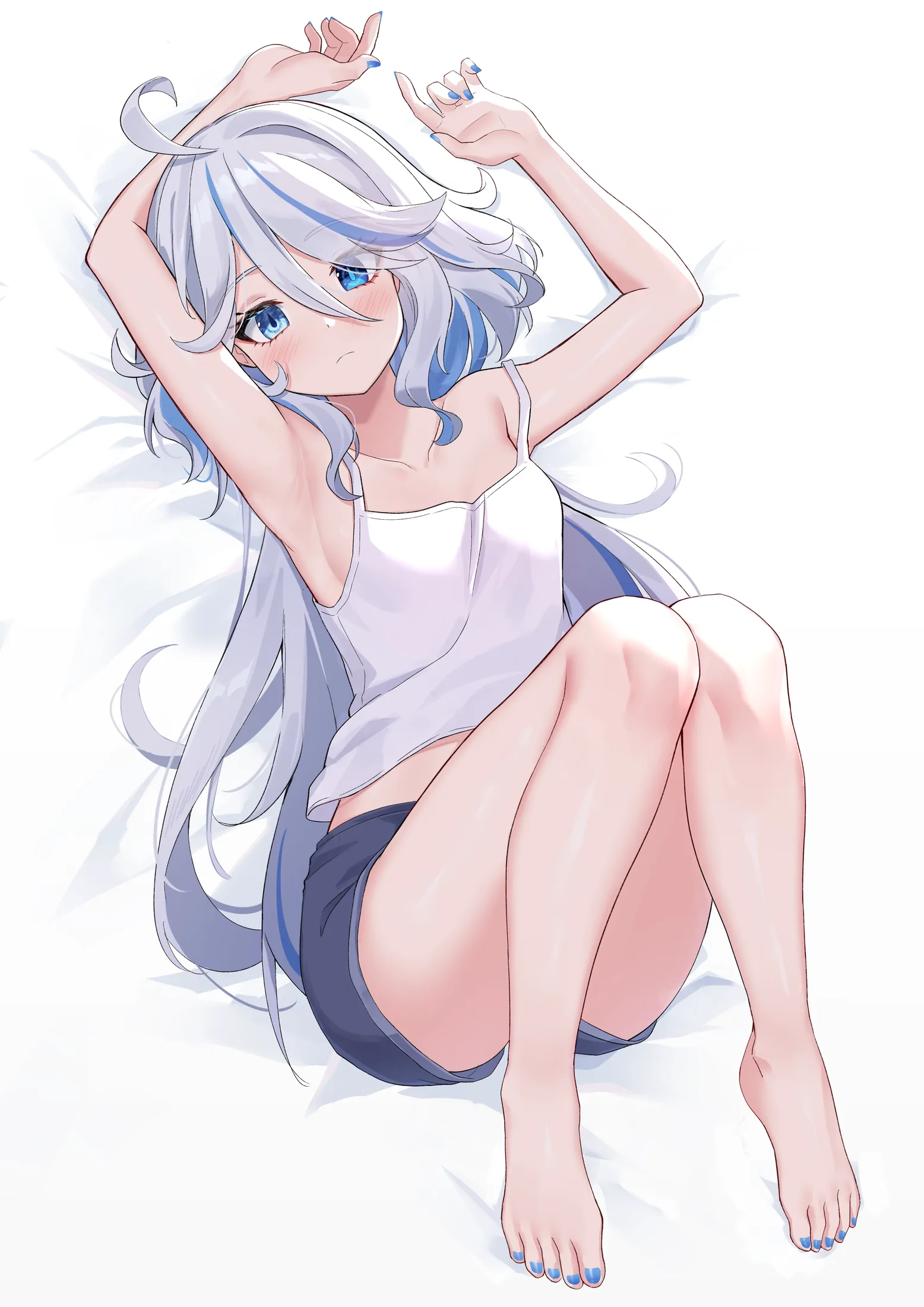 Furina lying on white sheets in a tank top with her arms above her head